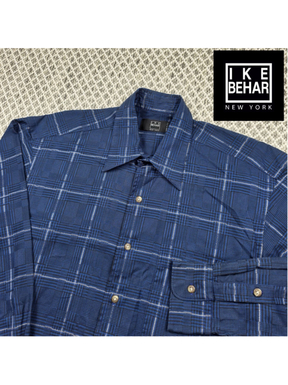 IKE BEHAR New York Mens Medium Blue Plaid Button Up Shirt Made In USA